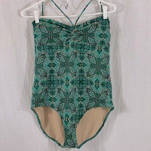 Joe Fresh Swim Green / Teal Patterned Halter Tie One Piece Swimsuit Size L BNWT